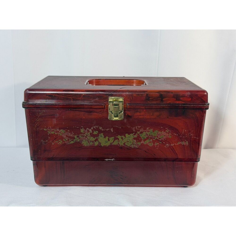 VTG Brown Amber Tortoise Plastic Sewing Box Hinged Craft Box Tray Contents READ